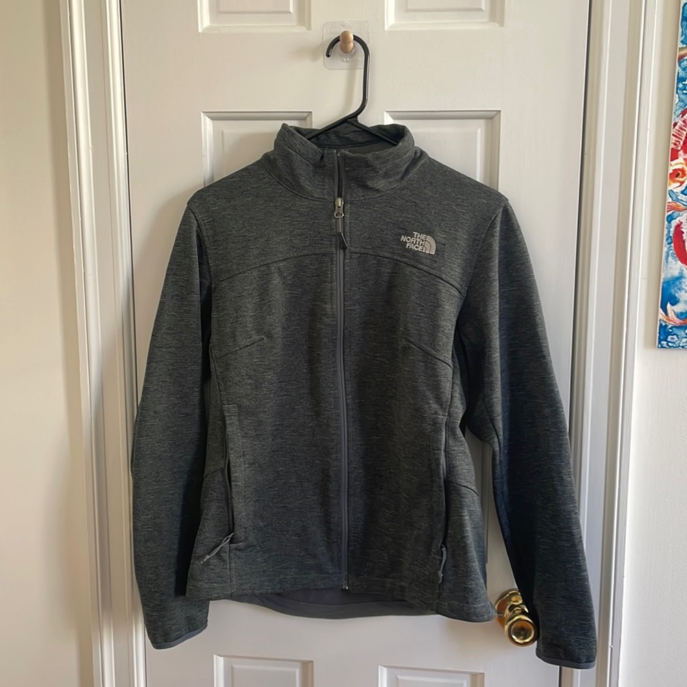 North Face Polyester Teal Zip Up Jacket - Dark Gray - M
